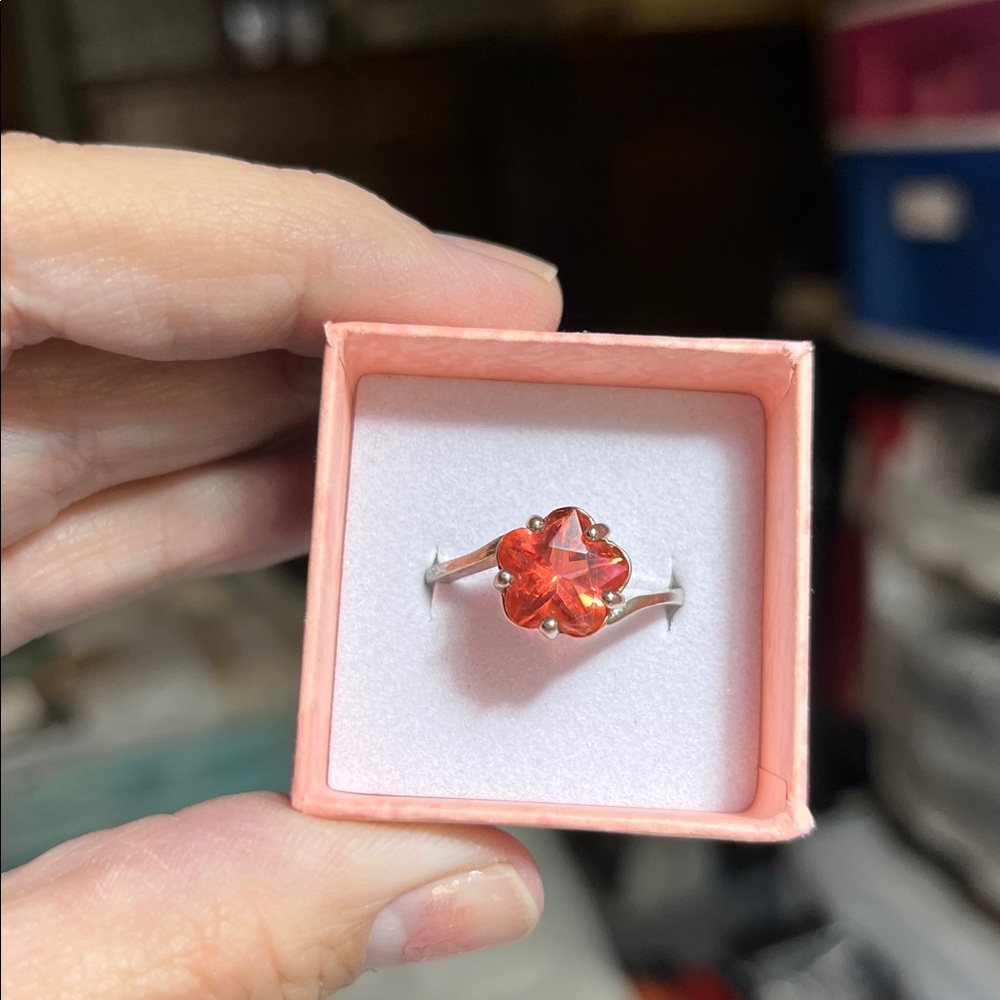 Elegant 925 Sterling Silver Red-Orange Gemstone Ring